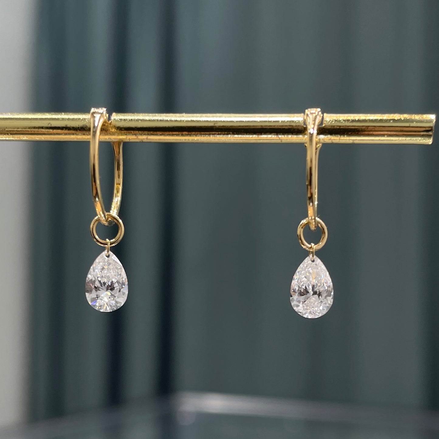 Lab diamond Pear shape 1ct floating 10mm hoop earrings-pair