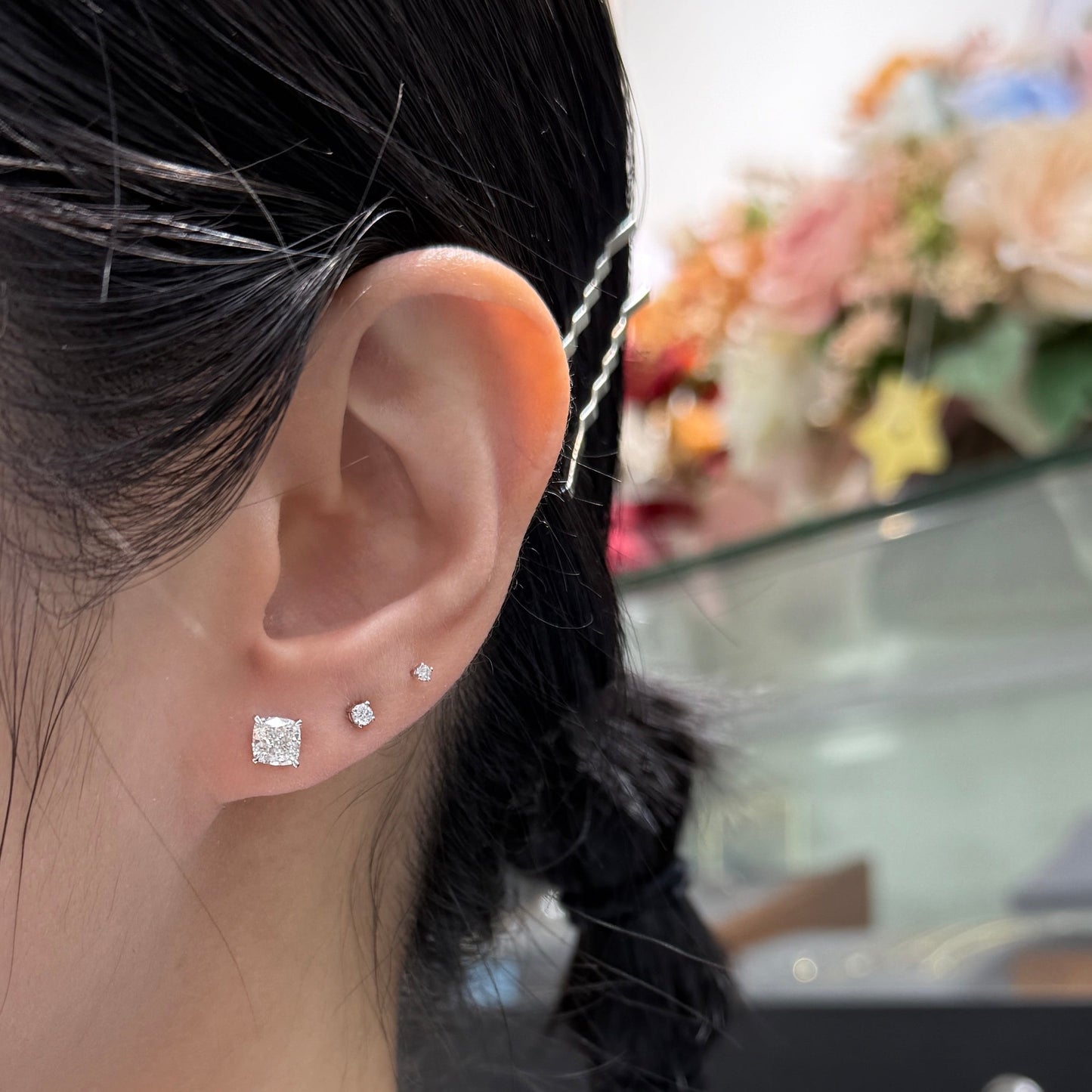 Lab diamond Cushion cut 1.4ct four-prong stud earrings-pair