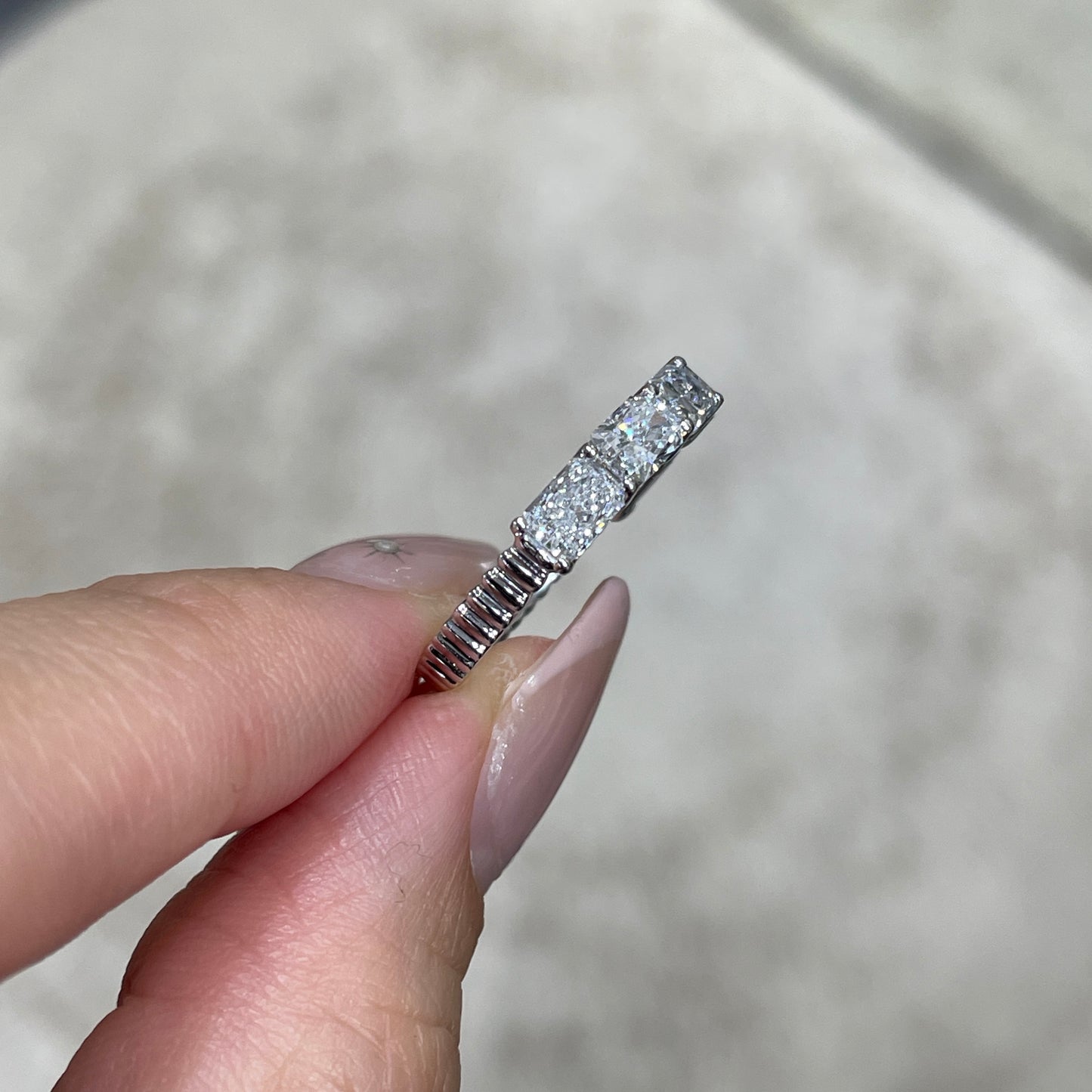 Lab diamond Radiant cut 1.8ct horizontal half eternity straight vertical line band ring