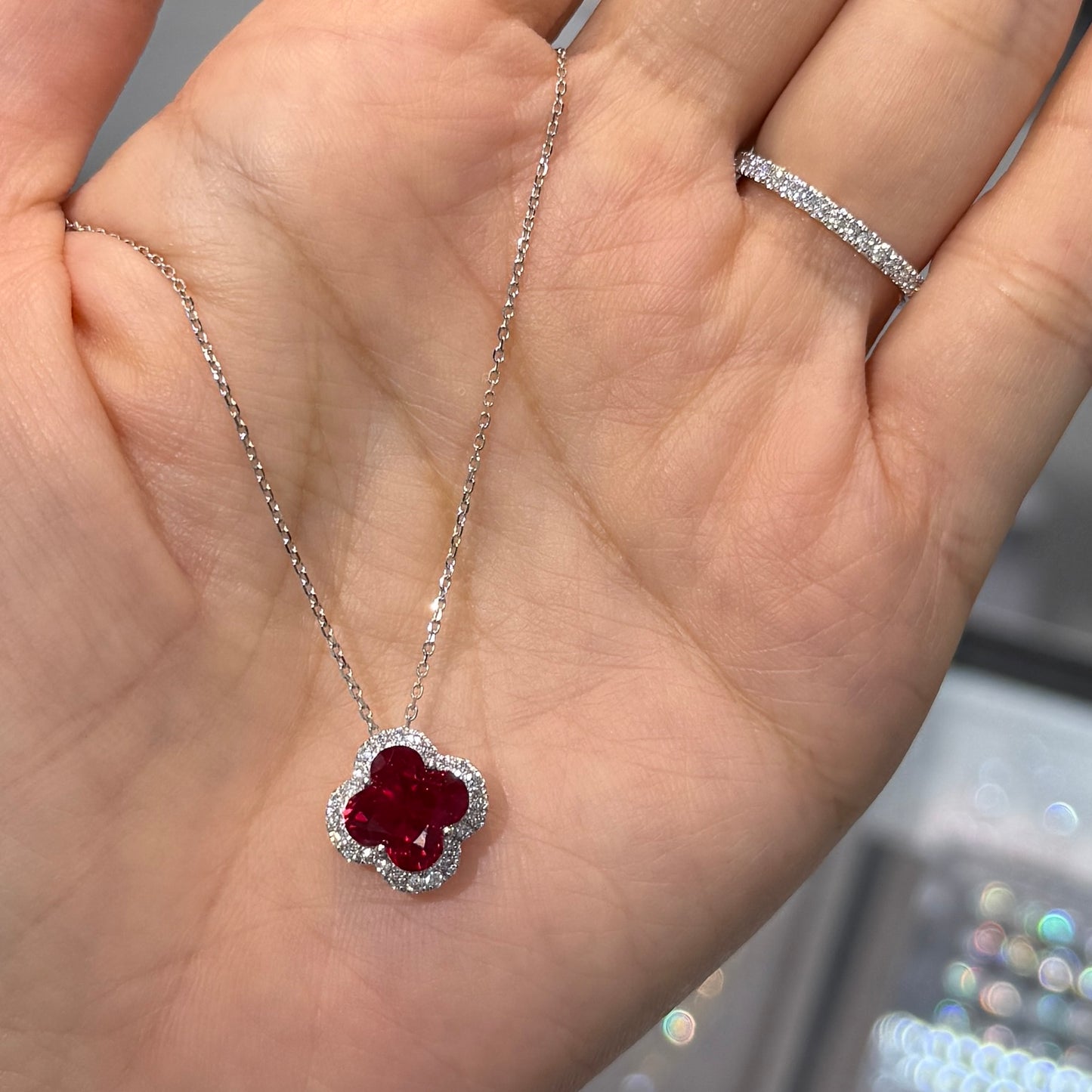 Lab Ruby flower cut 3ct two way halo pave ring