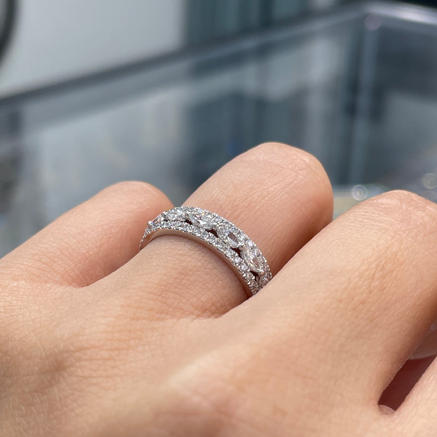 Lab diamond marquise and round 0.8ct three-row half eternity ring