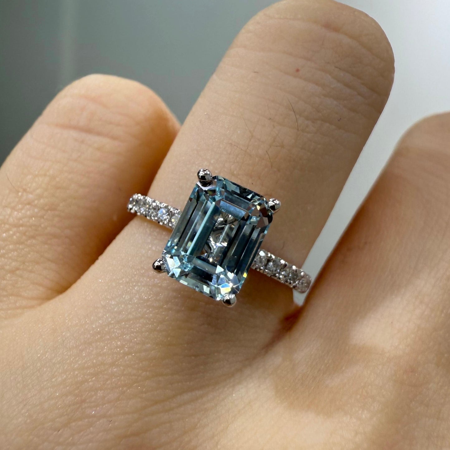 Lab Sapphire Aquamarine blue emerald cut 2ct pave ring