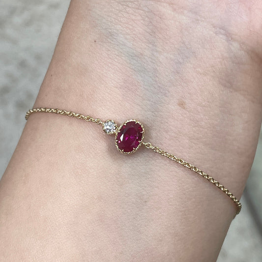 9k Lab ruby oval 0.8ct with lab diamond round 0.1ct thick chain bracelet