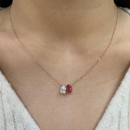 Lad grown ruby oval and diamond pear 1.6ct toi et moi necklace