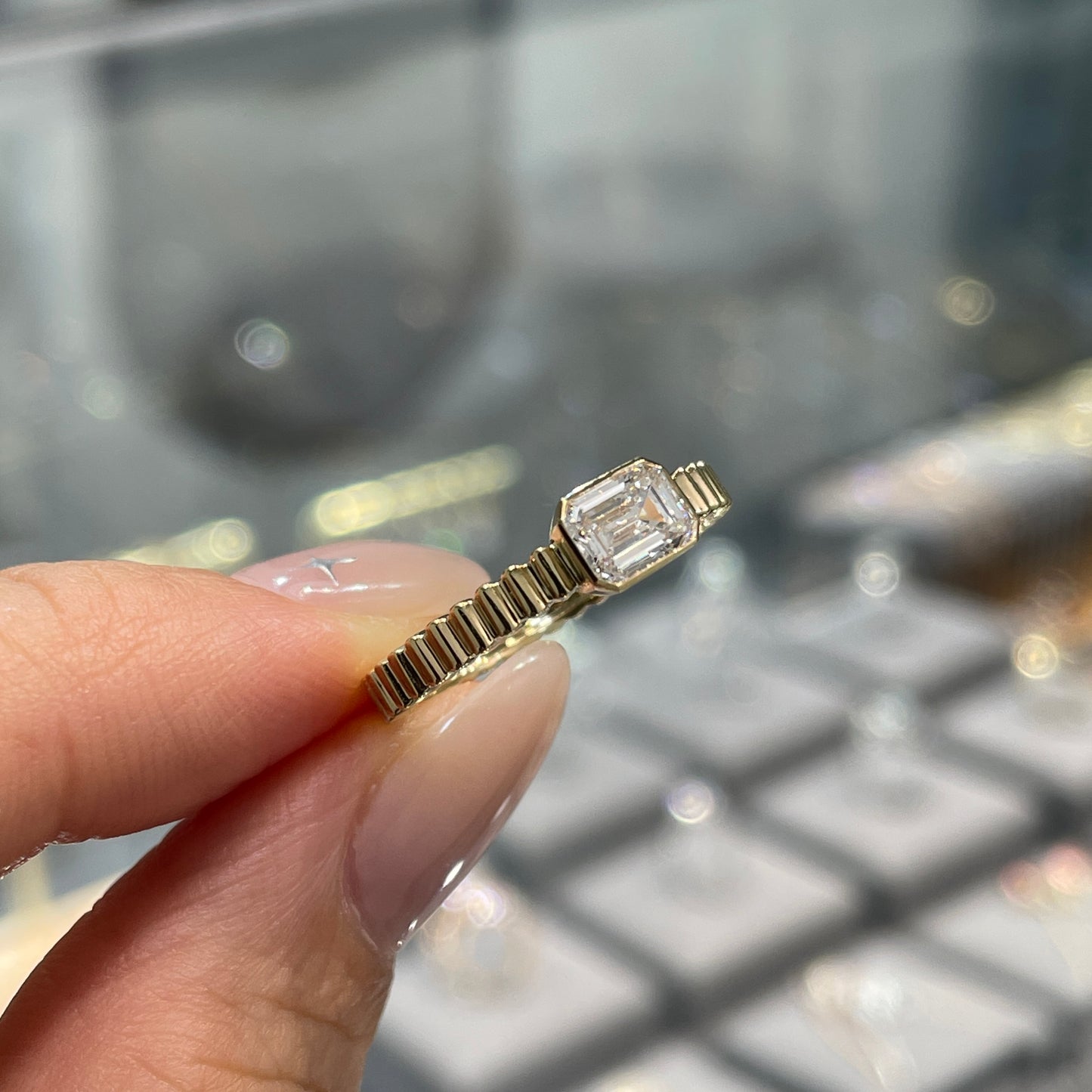 Lab diamond Emerald cut 0.6ct horizontal bezel set with vertical line band ring