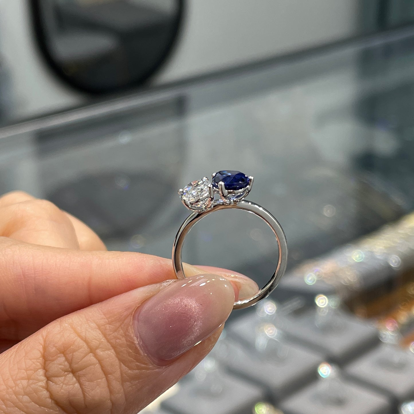 IGI Lab diamond Oval shape 0.9ct with lab sapphire royal blue color Pear Shape 1.4ct toi et moi ring