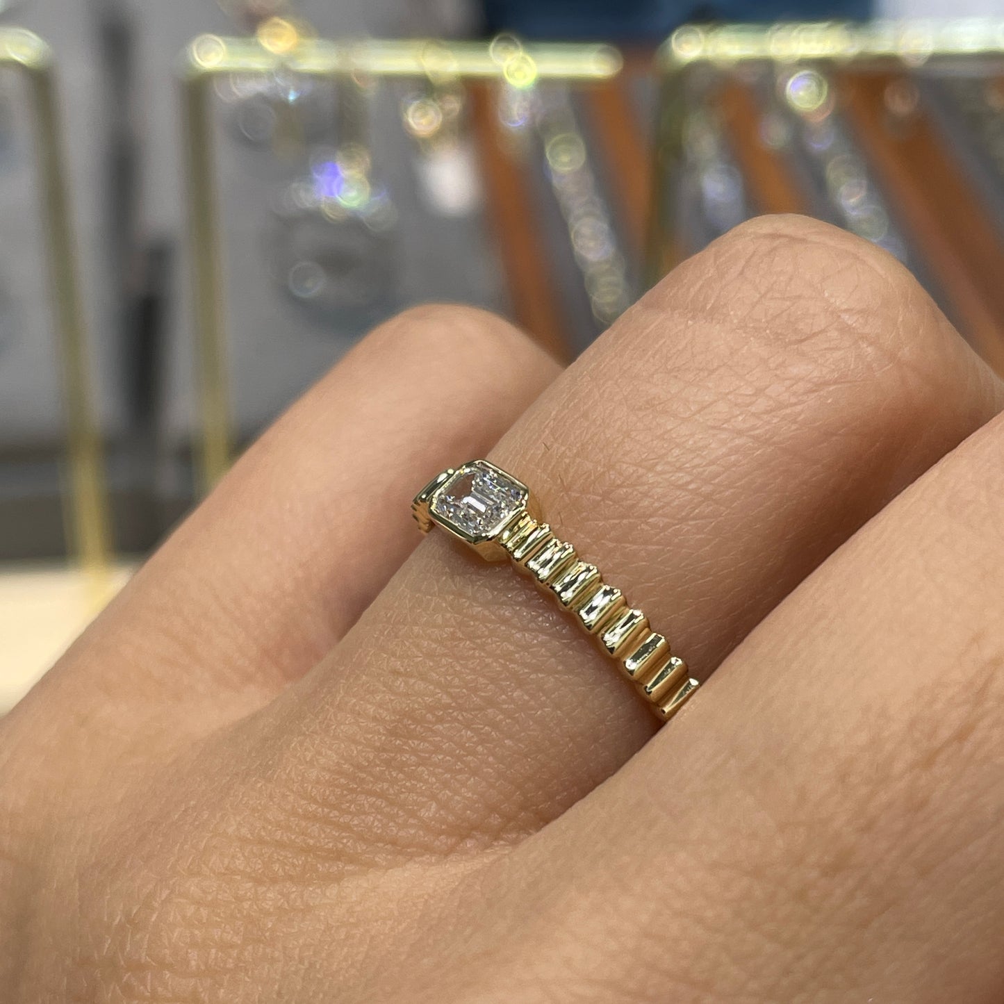 Lab diamond Emerald cut 0.3ct horizontal bezel set with vertical line band ring