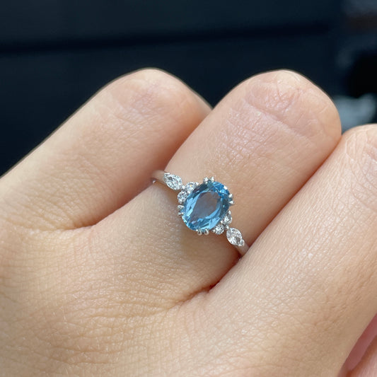Lab sapphire aquamarine color Oval shape 1.2ct with diamond side stone ring