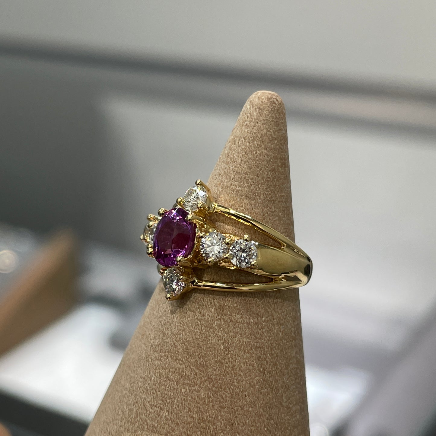 Lab purple sapphire oval 0.6ct with diamond round 0.45ct cross three row diamond pinky ring