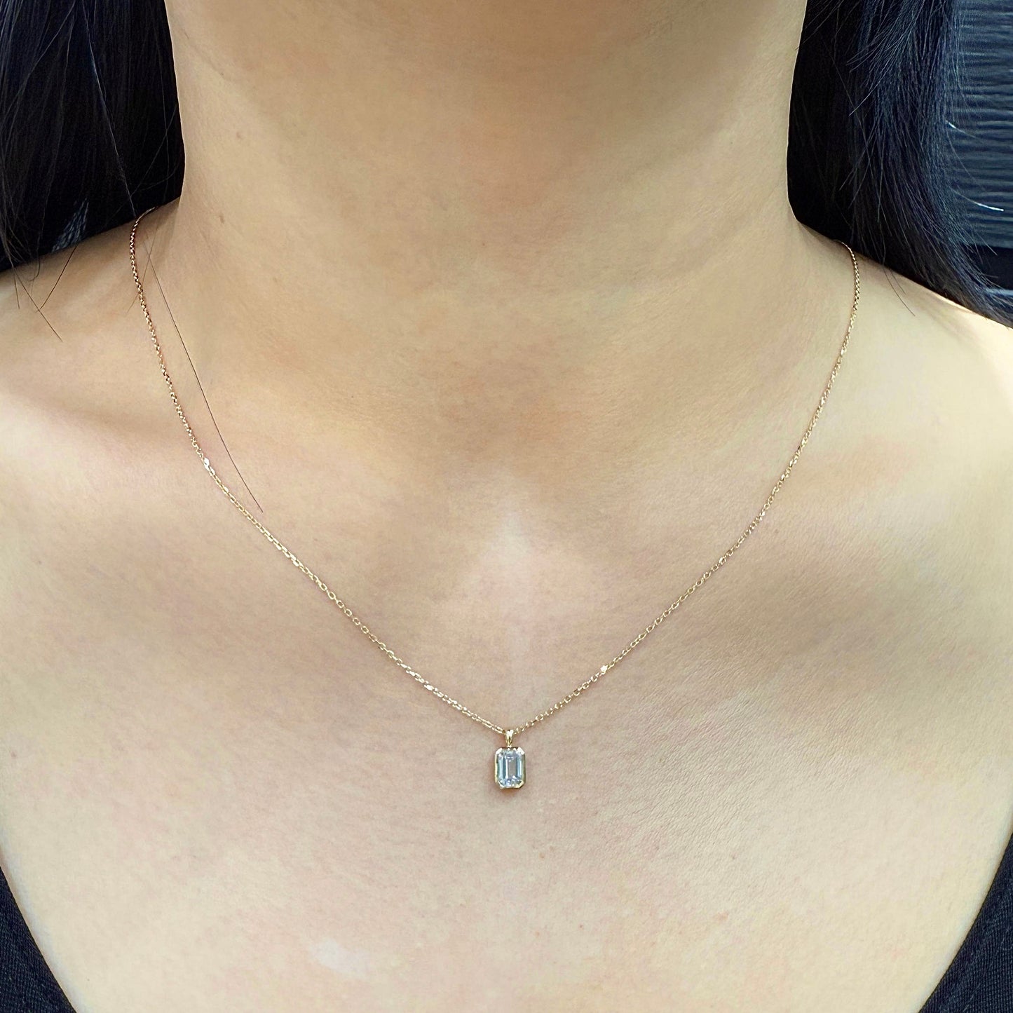 Lab diamond emerald cut 0.7ct bezel pendant with necklace