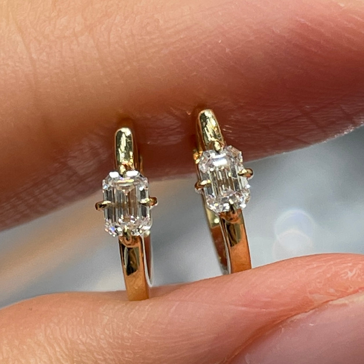 Lab diamond emerald cut 0.1ct 8mm hoop earring-each