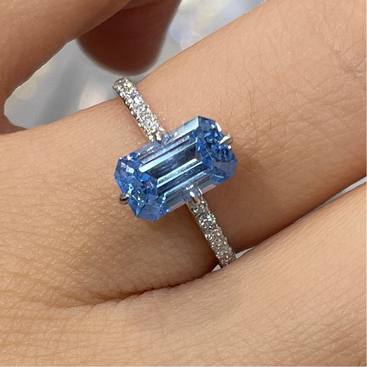 Lab sapphire Santa maria aquamarine emerald cut 2ct four-prong compass under halo pave ring
