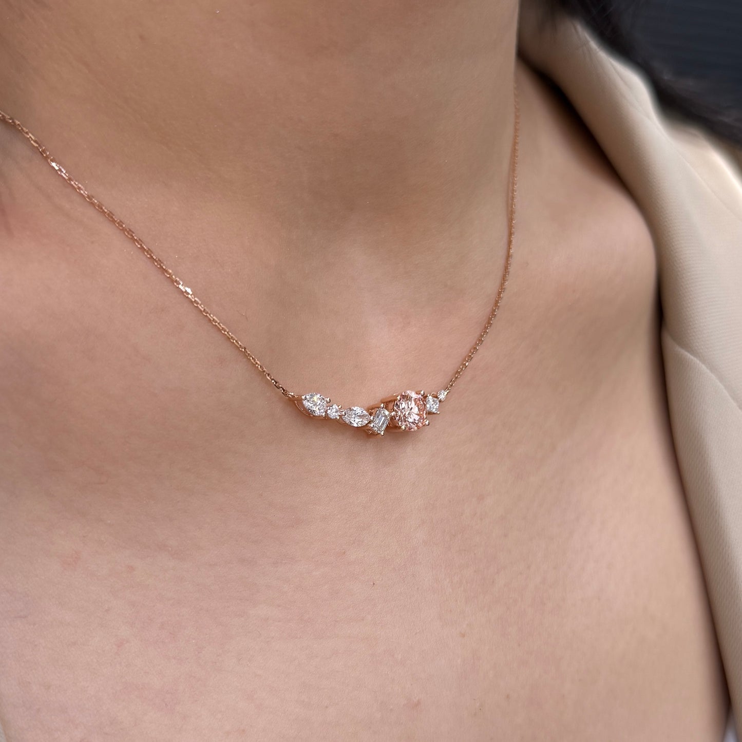 IGI Lab pink diamond Round 1ct with diamond fancy mix bar 0.75ct necklace
