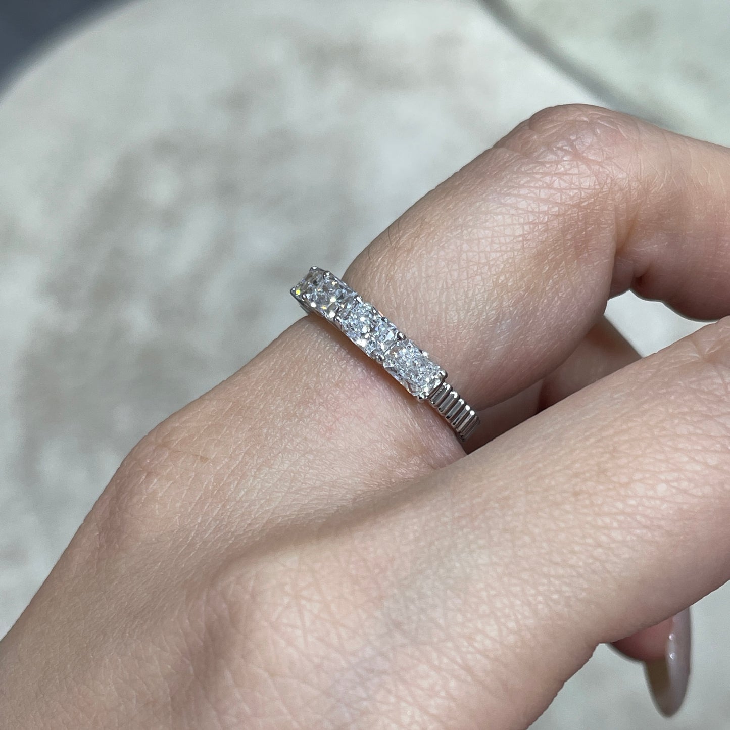 Lab diamond Radiant cut 1.8ct horizontal half eternity straight vertical line band ring