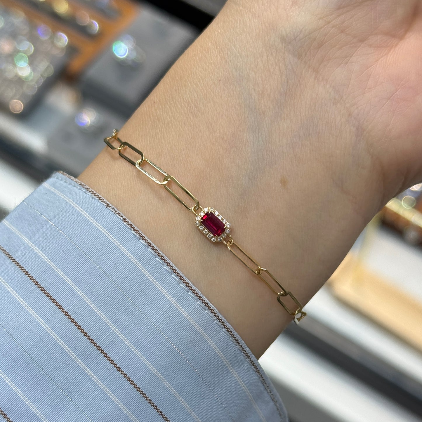 Lab Ruby emerald cut 0.25ct halo with paper clip bracelet