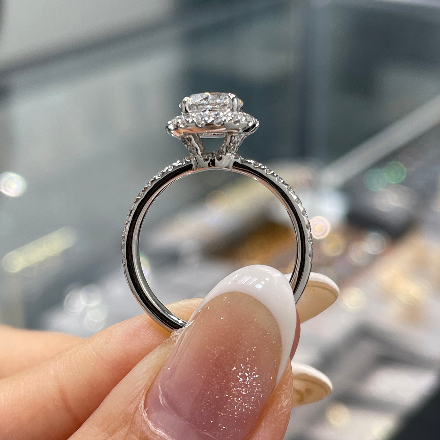 IGI lab diamond round 1ct halo with underpaved pave band ring