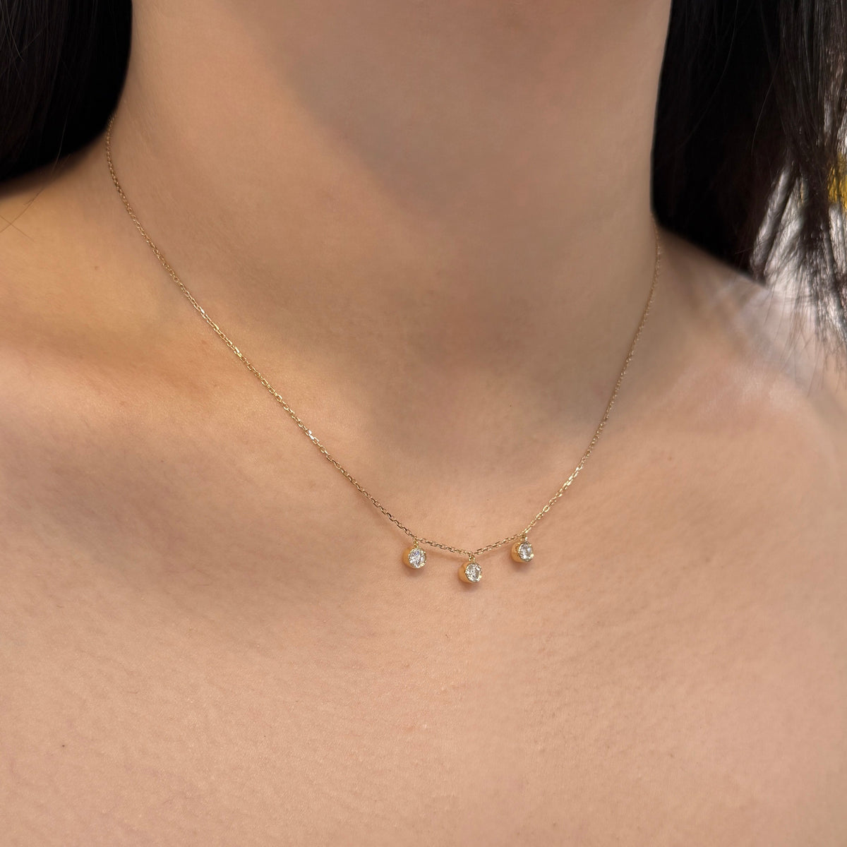 Lab diamond round 0.36ct three stone bezel dangling necklace
