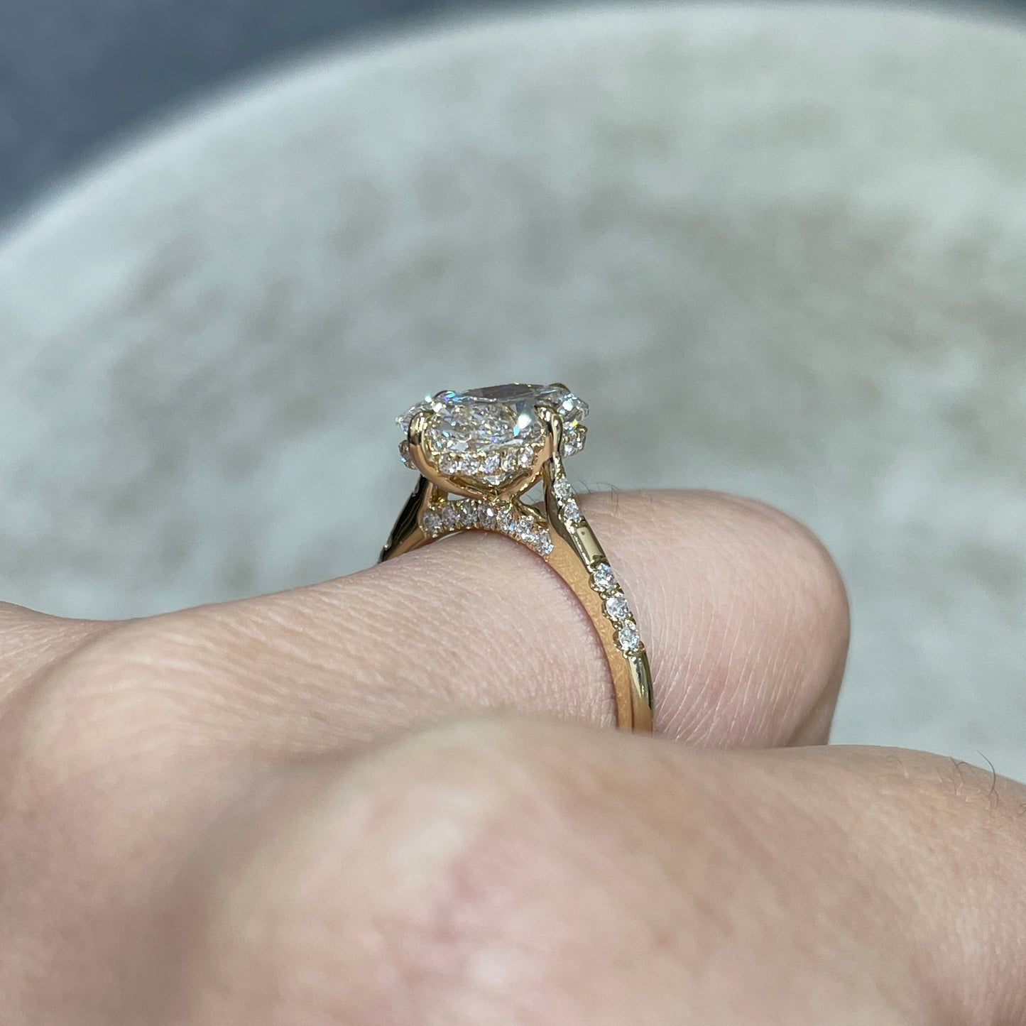 IGI Lab diamond long cushion cut 2.5ct four-prong compass underhalo side stone ring