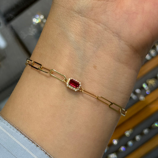 Lab Ruby emerald cut 0.25ct halo with paper clip bracelet