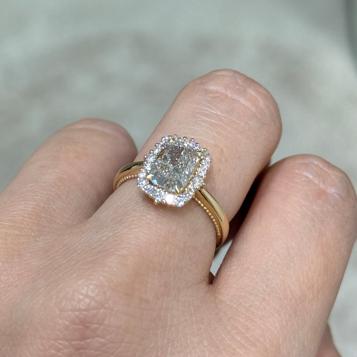 IGI lab diamond Long cushion cut 1.8ct halo milgrain band ring