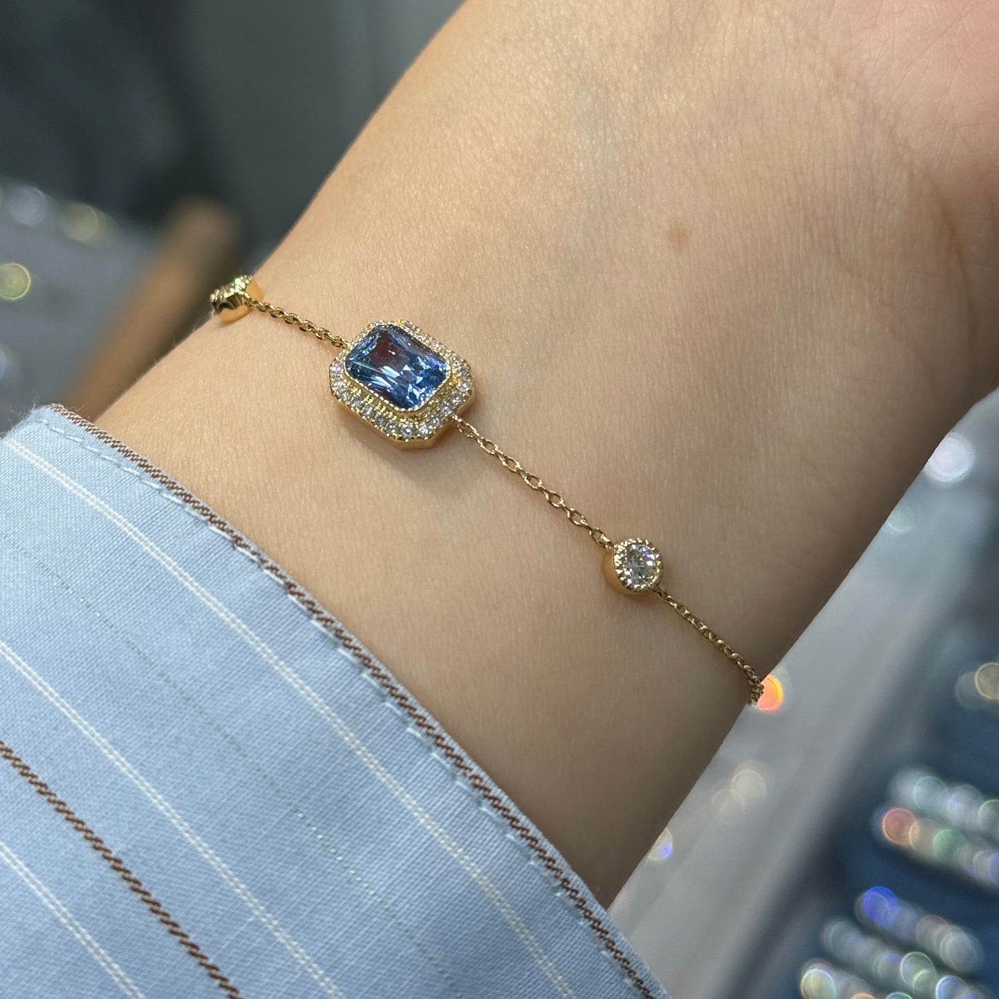 Lab sapphire Santa maria aquamarine color Radiant cut 1.4ct halo with round milgrain bezel bracelet
