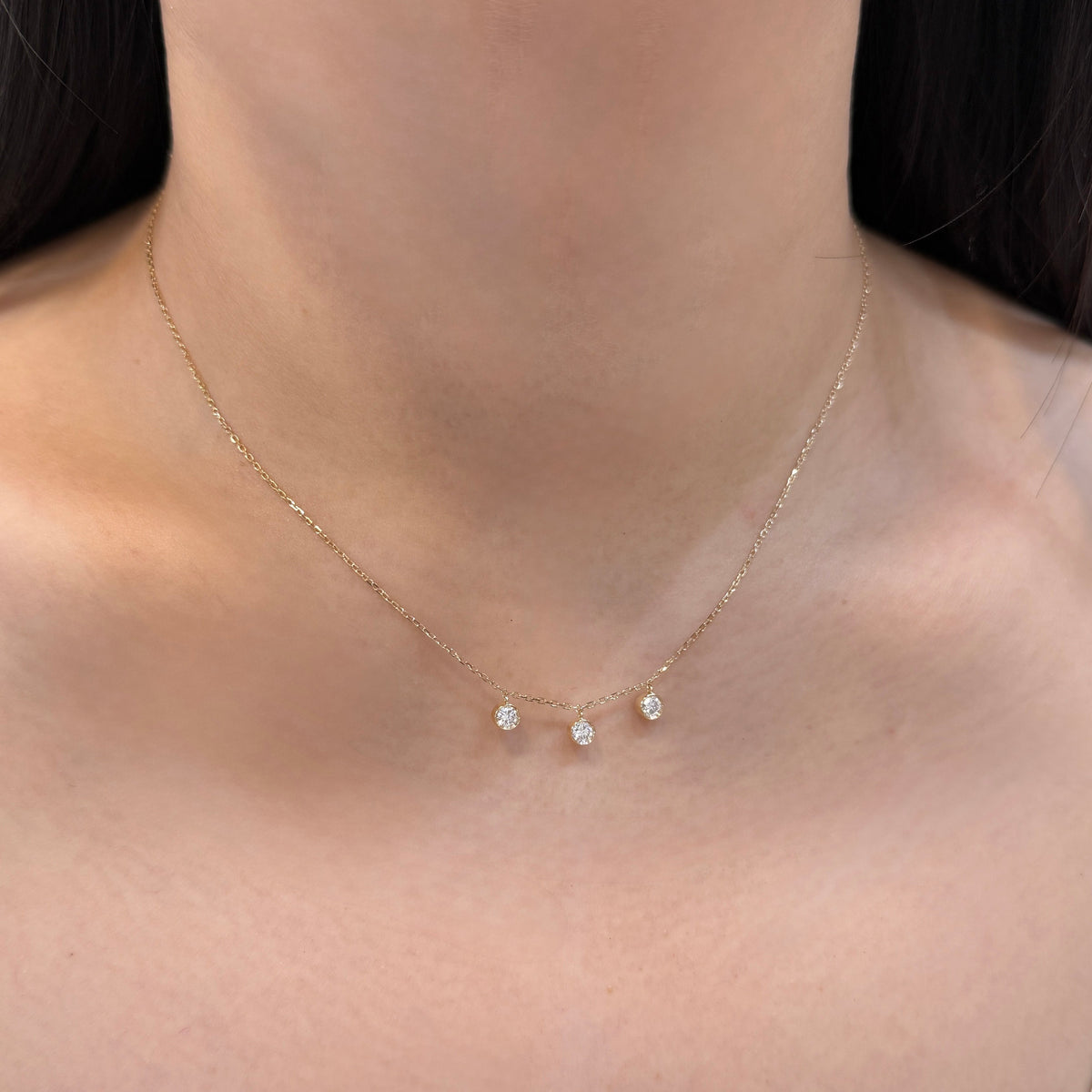 Lab diamond round 0.36ct three stone bezel dangling necklace