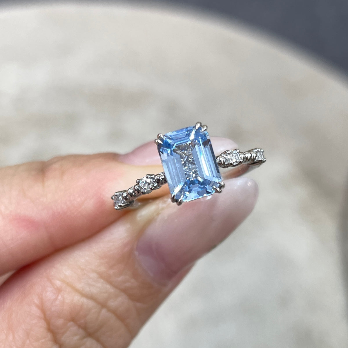 Lab Sapphire Aquamarine blue emerald cut 1.5ct  four-double prong milgrain side stone band ring