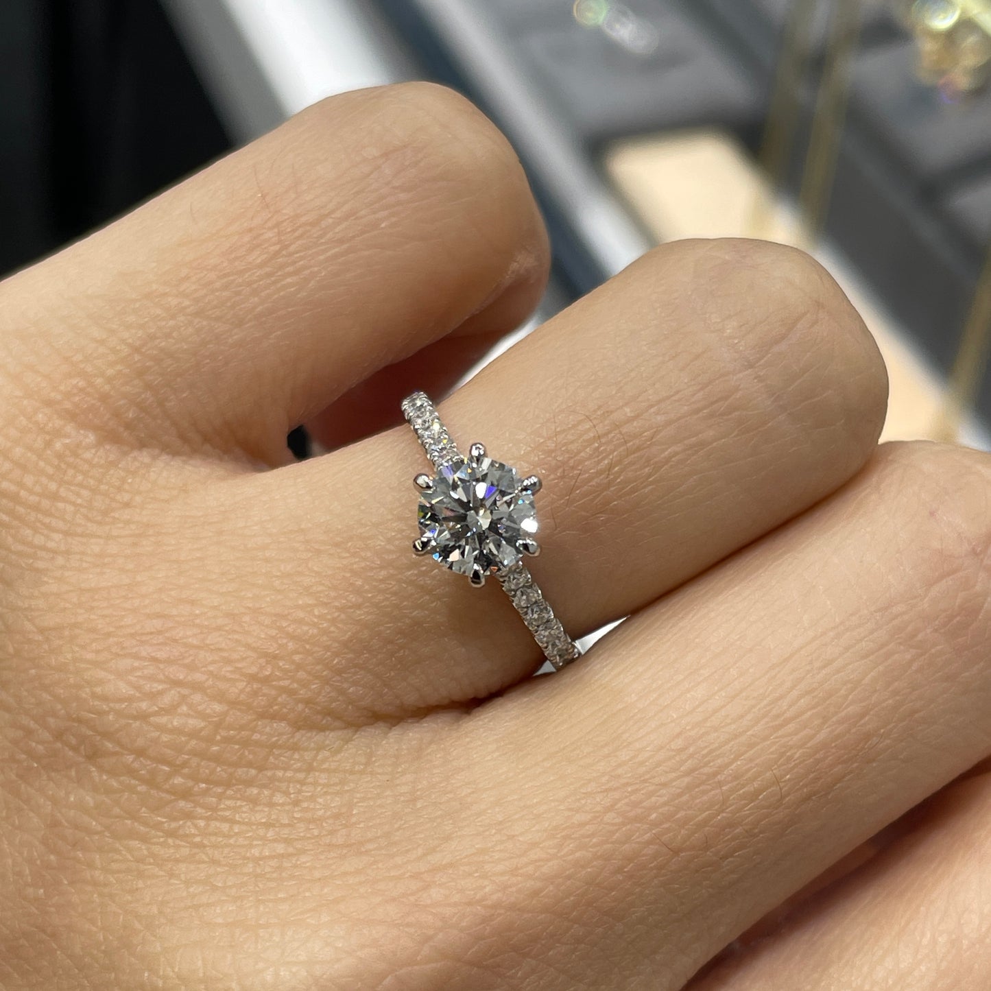 IGI lab diamond round 1ct six-prong cathedral pave band ring