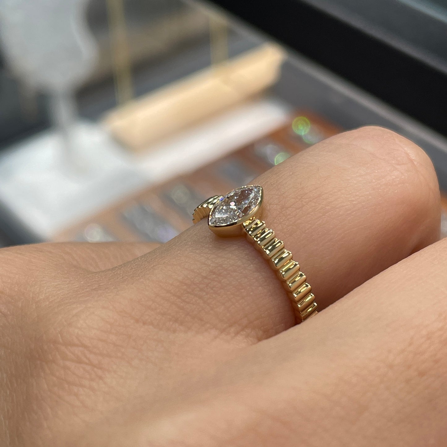 Lab diamond marquise shape 0.5ct bezel straight vertical line band ring