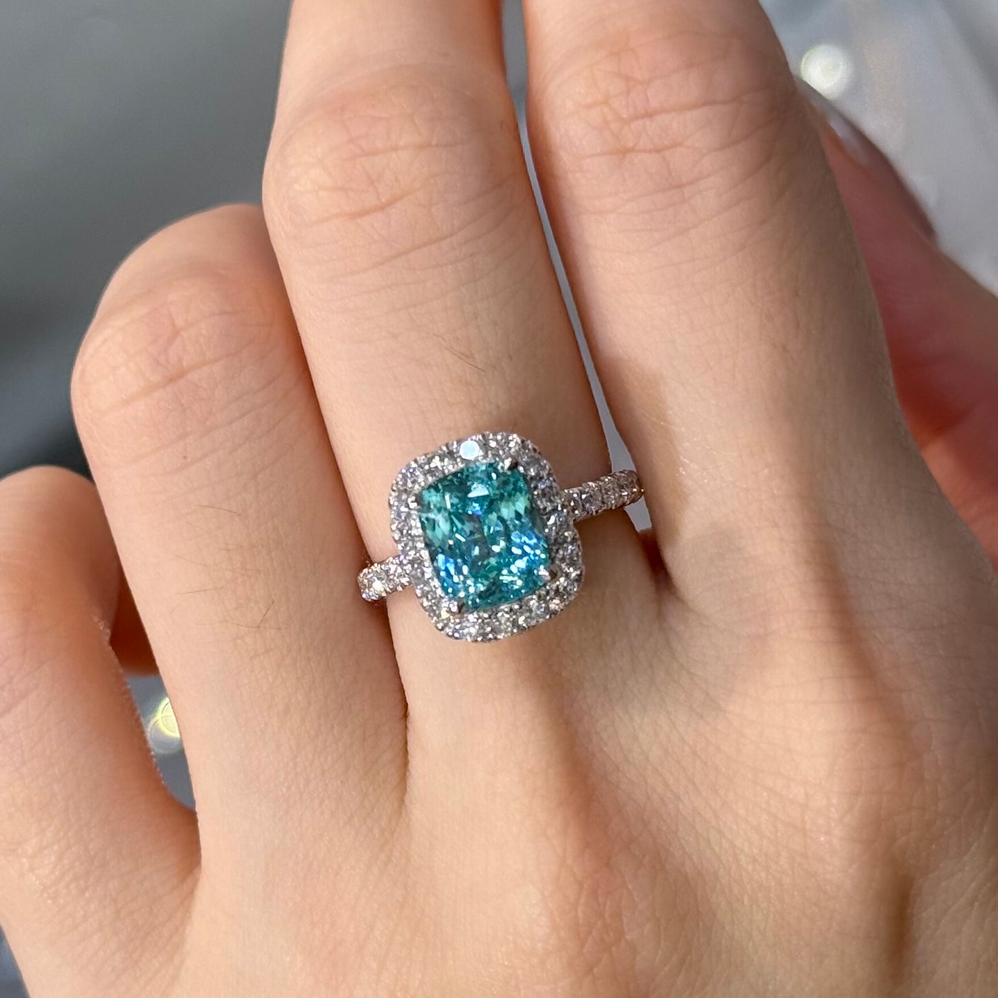 Lab Sapphire paraiba color cushion cut 3.4ct classic halo ring