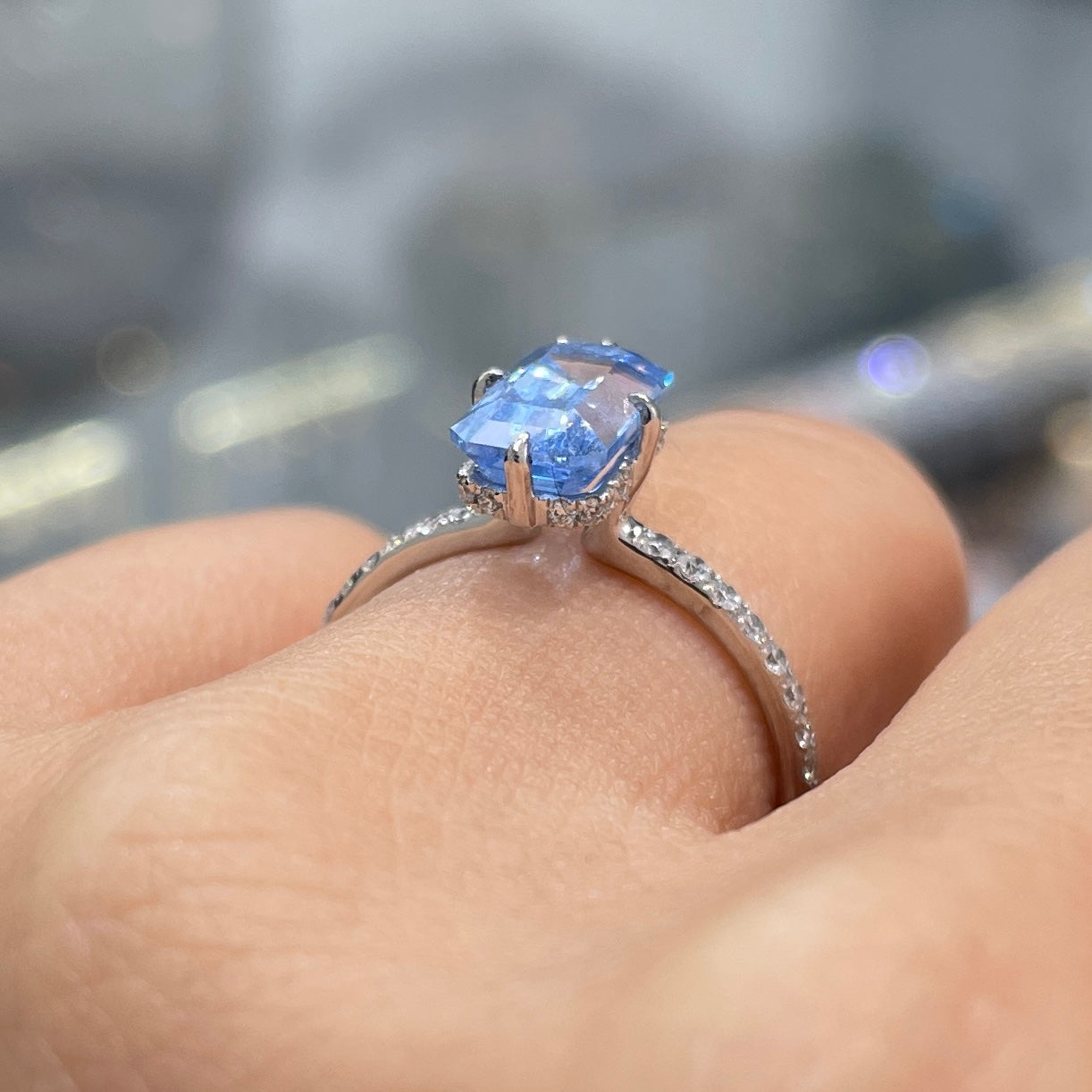 Lab sapphire Santa maria aquamarine emerald cut 2ct four-prong compass under halo pave ring