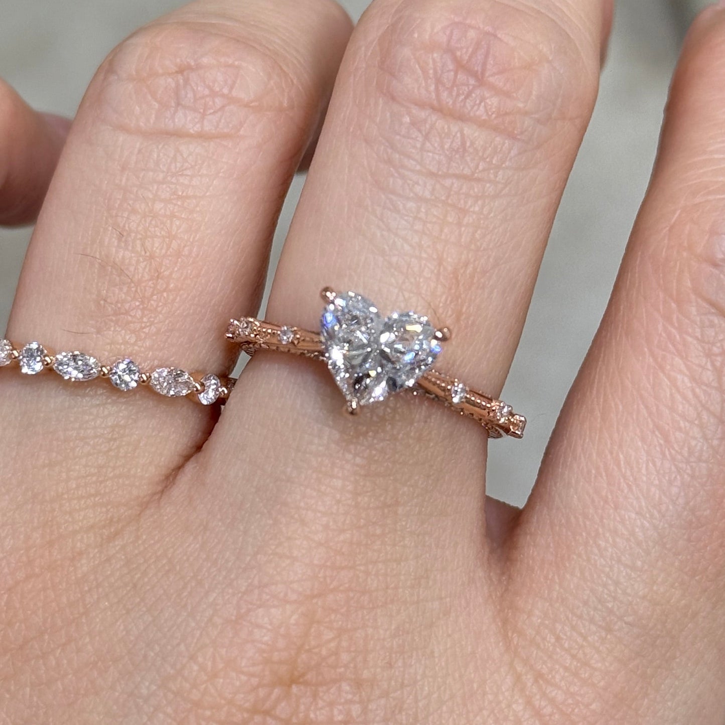 IGI Lab diamond heart shape 2ct milgrain under paved ring