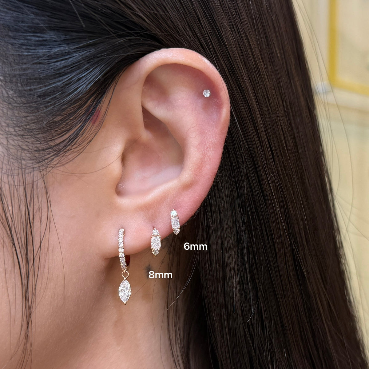 Lab diamond radiant and round 0.15ct three stone 6mm thin hoop earring - each