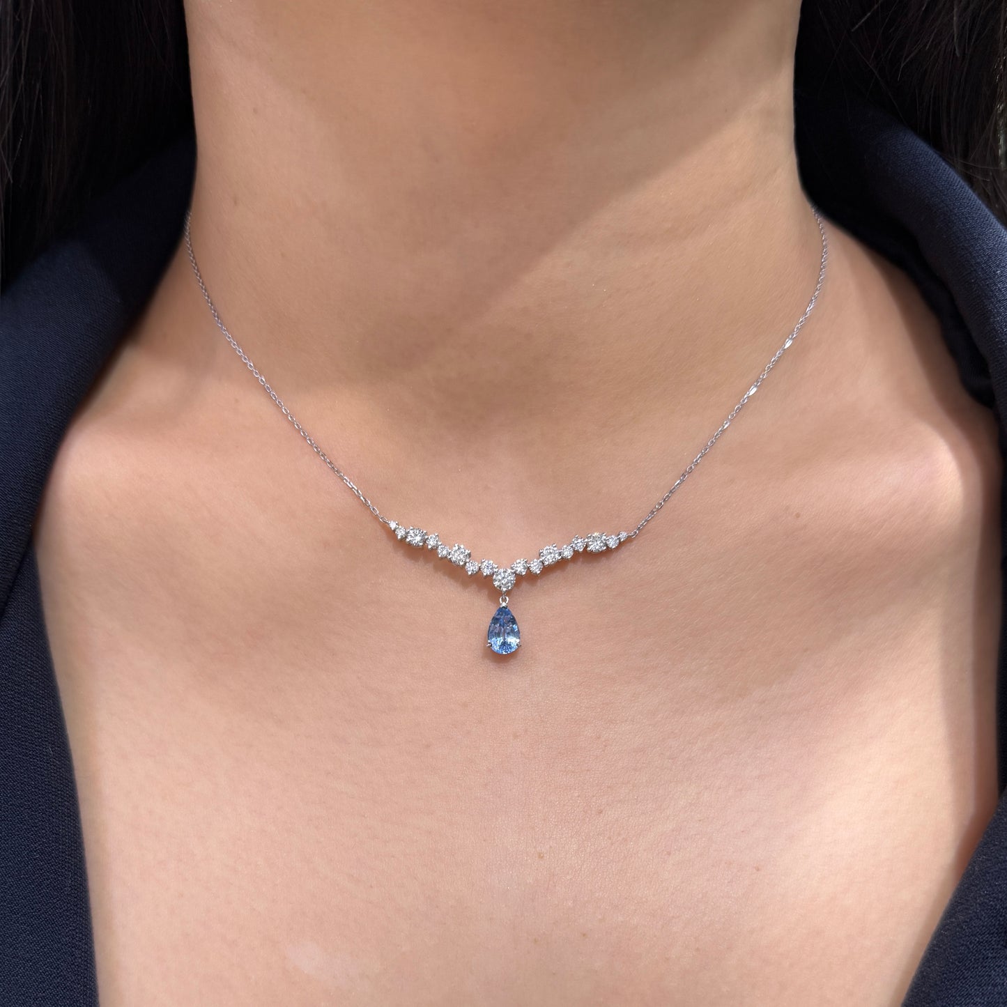 Lab grown sapphire aquamarine blue pear shape 1ct with 1ct diamond bar necklace