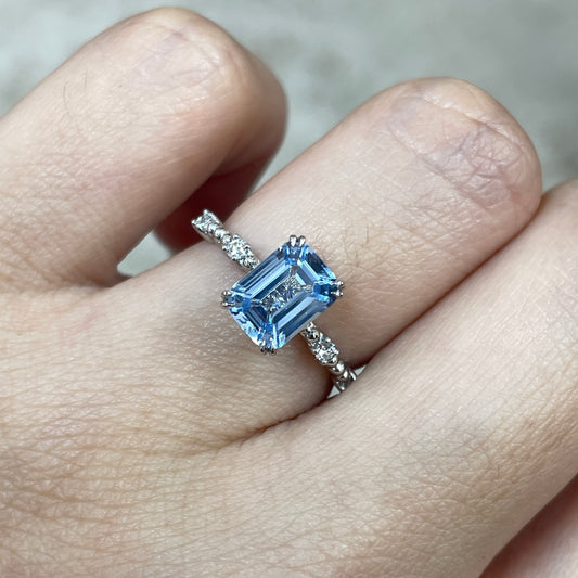 Lab sapphire Santa maria aquamarine emerald cut 1.5ct  four-double prong milgrain side stone band ring