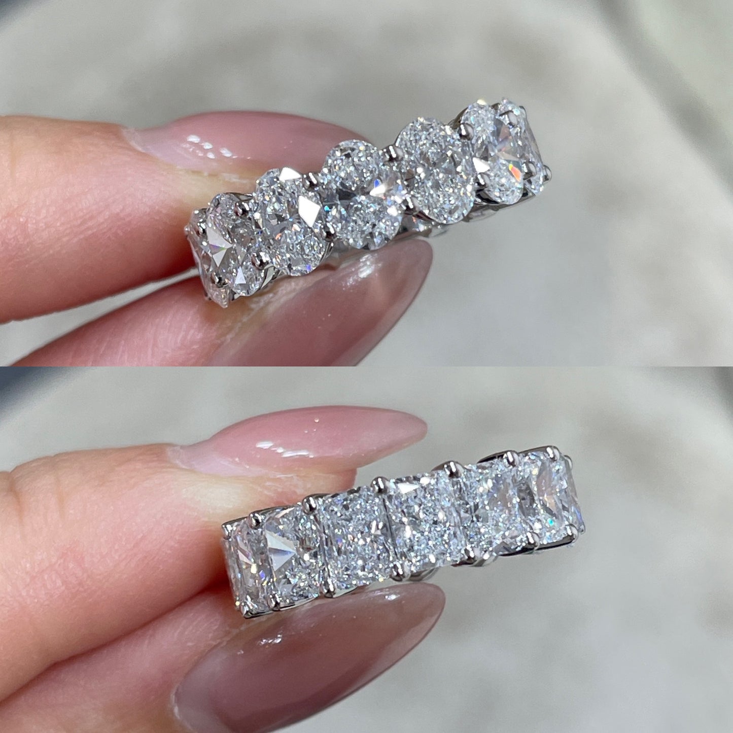 Lab diamond oval & emerald cut half half 7.5ct full eternity ring
