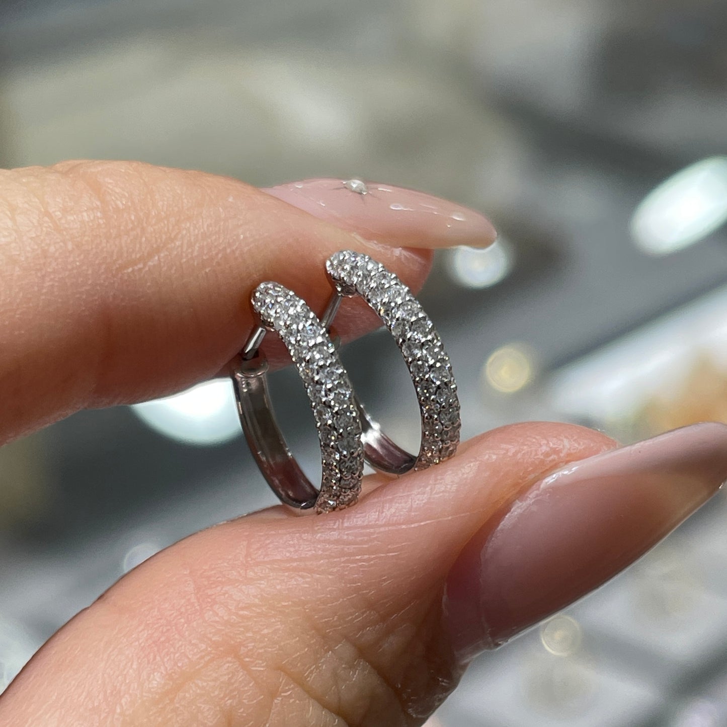 9k Lab diamond round 0.35ct three row 10mm hoop earrings-pair
