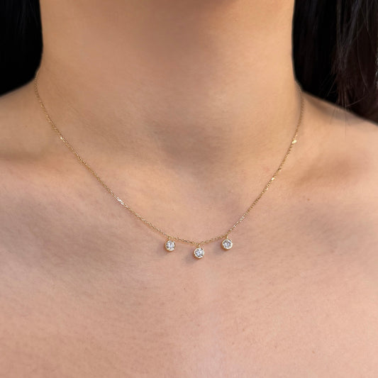 Lab diamond round 0.36ct three stone bezel dangling necklace