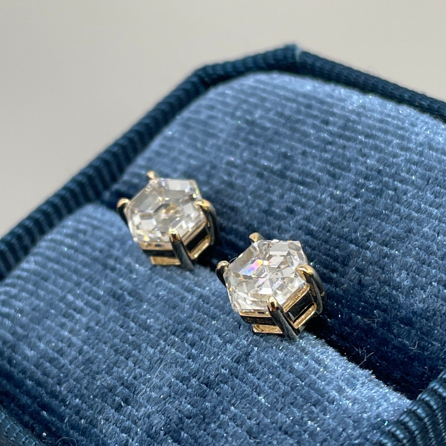Lab diamond Hexagon 2.6ct four-prong stud earrings-pair
