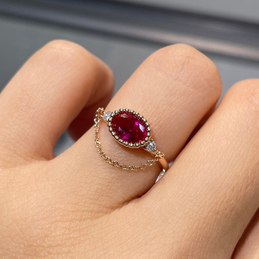 Lab Ruby Oval shape 0.8ct with diamond milgrain bezel chain ring