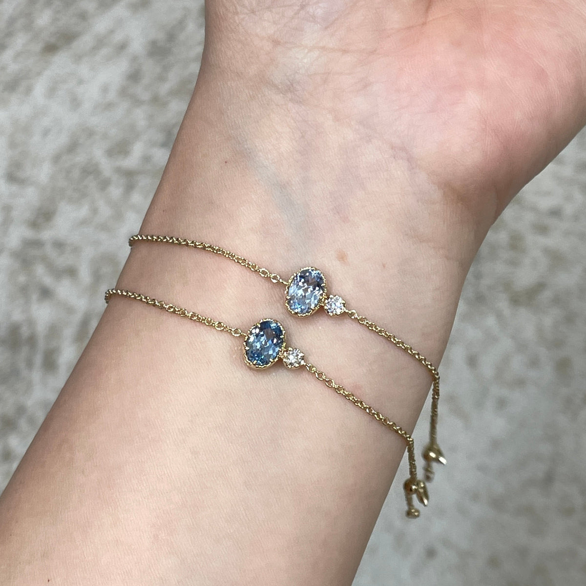 9k Lab sapphire aquamarine oval 0.9ct with lab diamond round 0.1ct thick chain bracelet