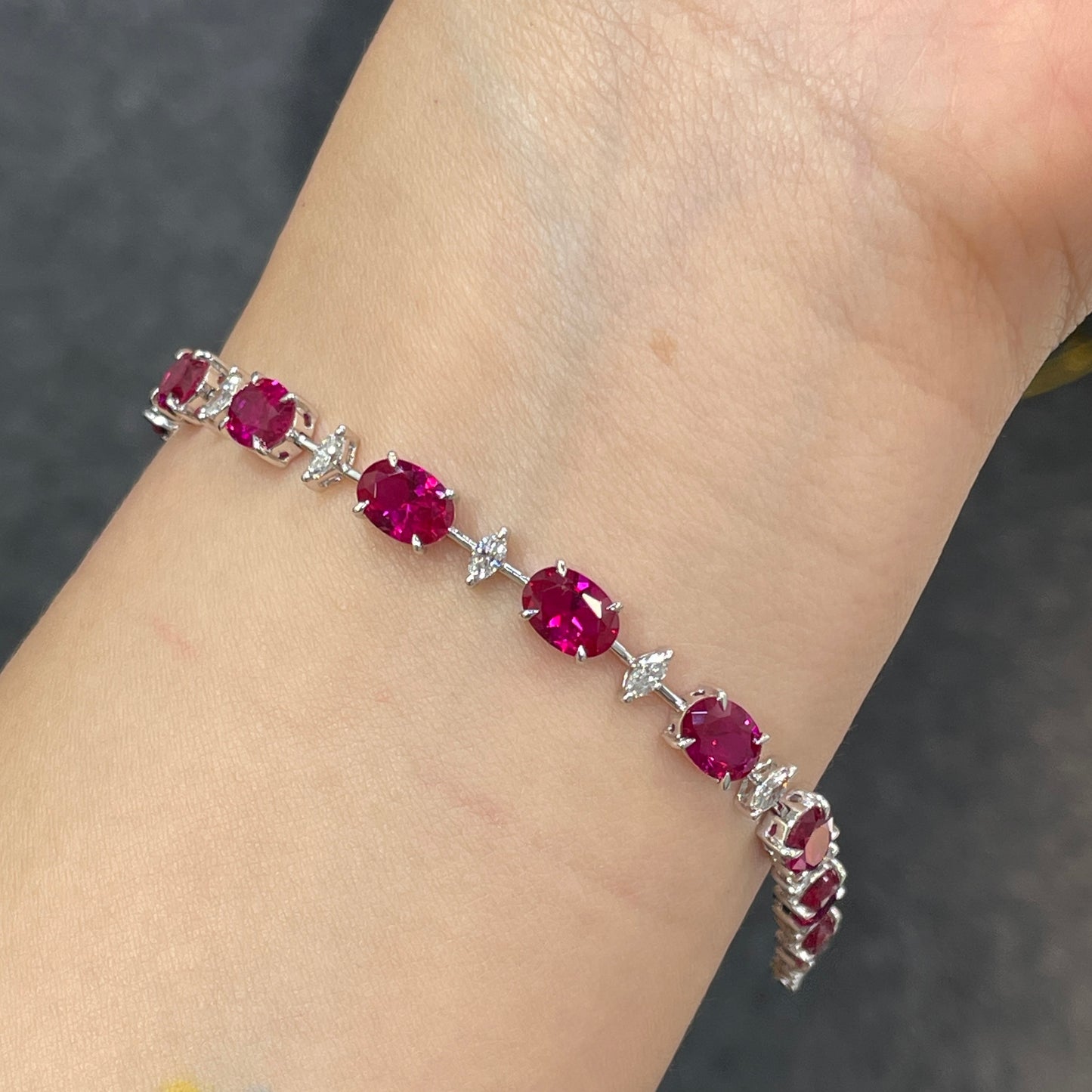 Lab pinkish ruby oval and diamond marquise shape 9.5ct tennis bracelet
