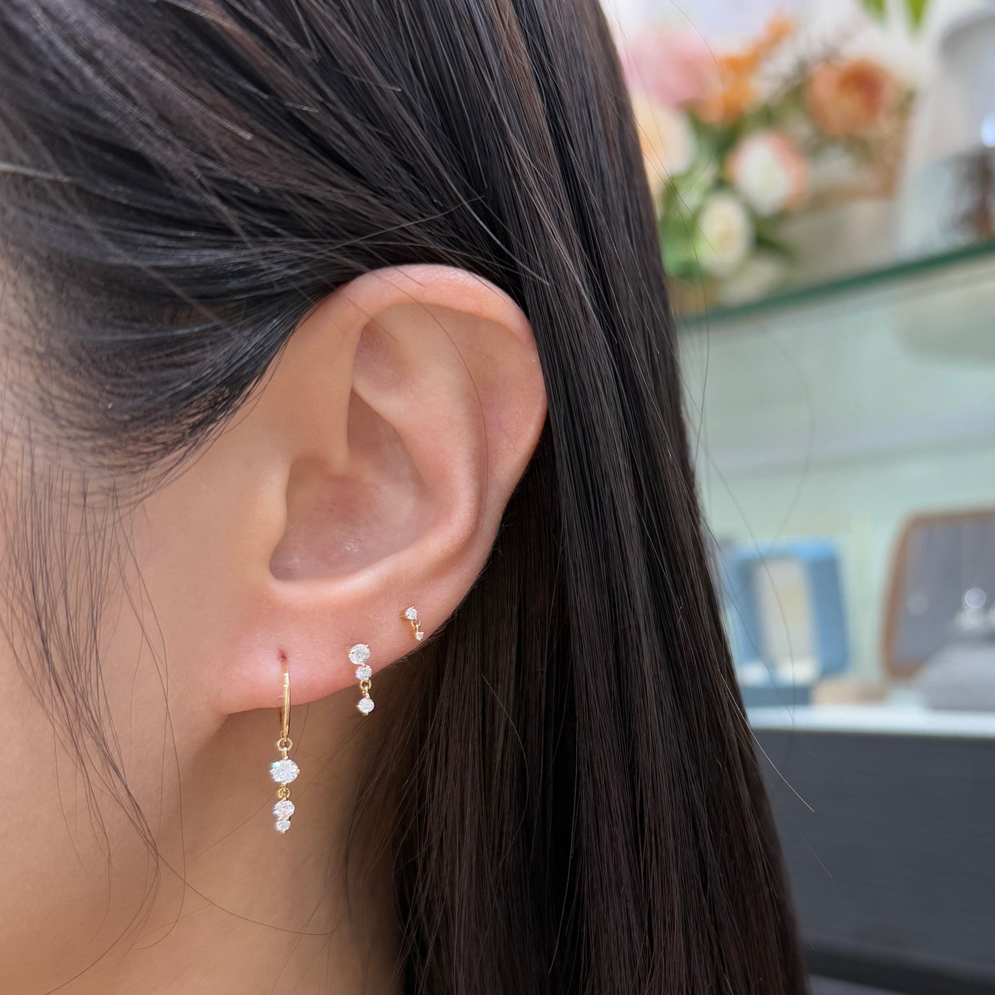 Lab Diamond round trio  swing stud earring-each