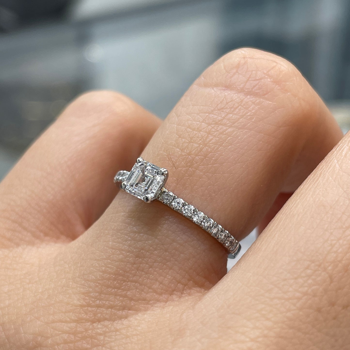 Lab diamond Asscher cut 0.5ct four-prong pave ring