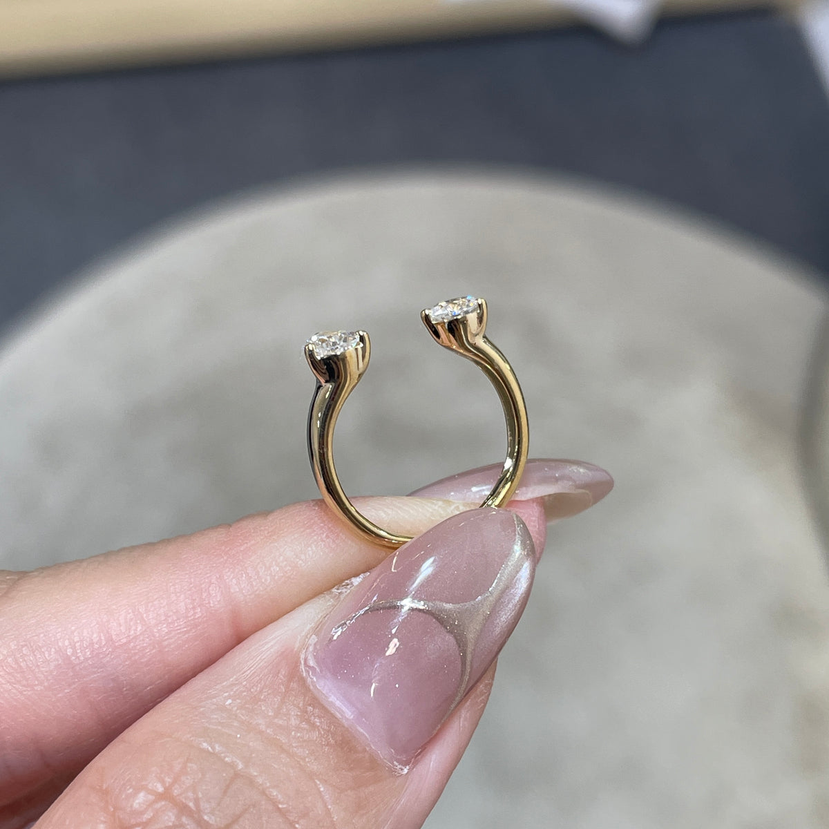 9K Lab diamond Round and Pear 0.5ct duo invisible open pinky ring