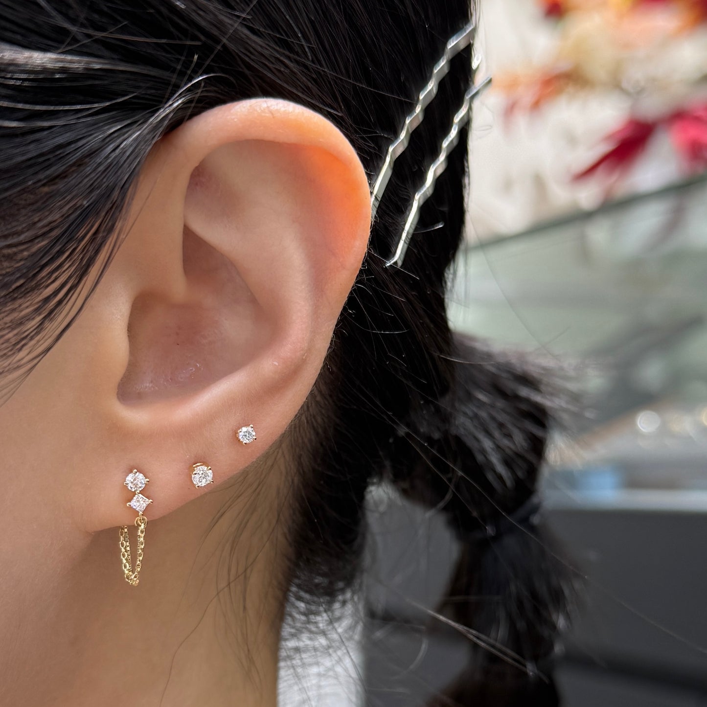 Lab diamond round and Princess toi et moi stud chain back earrings-pair