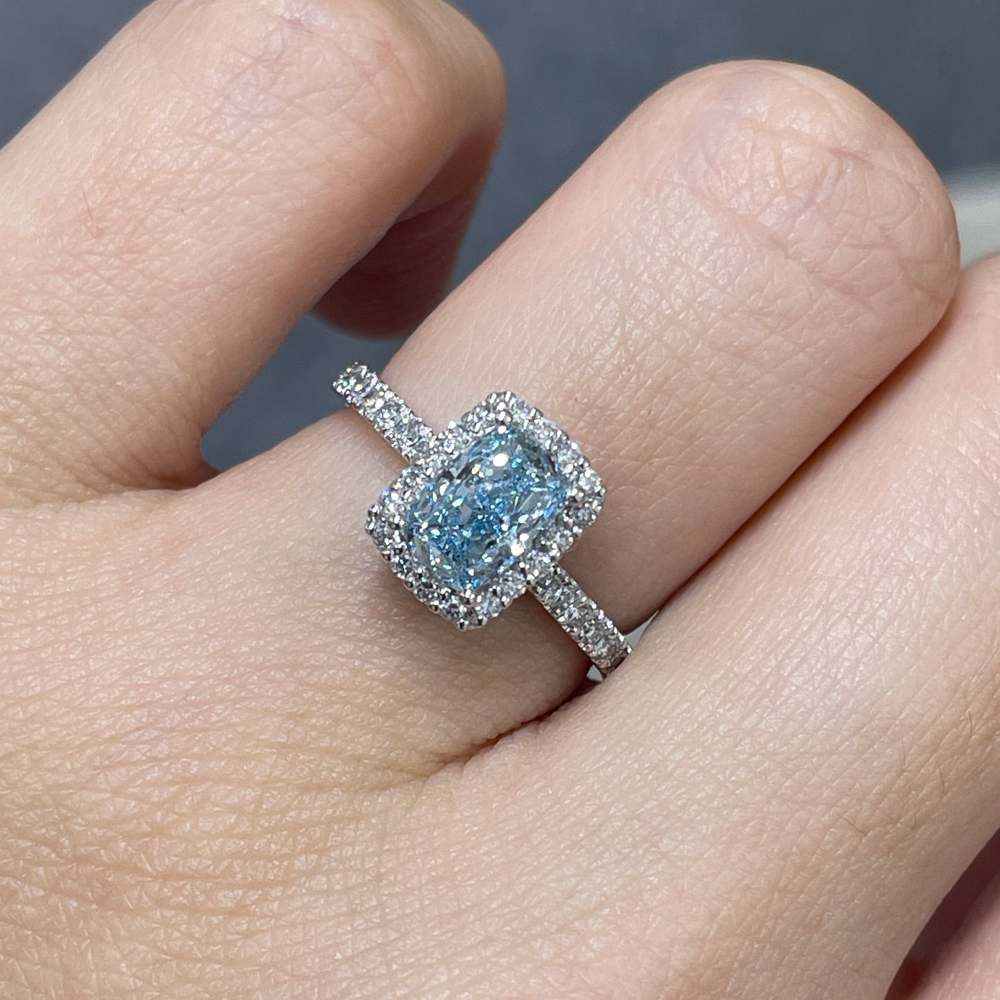 IGI lab blue diamond long cushion cut 1ct halo two-way pave ring