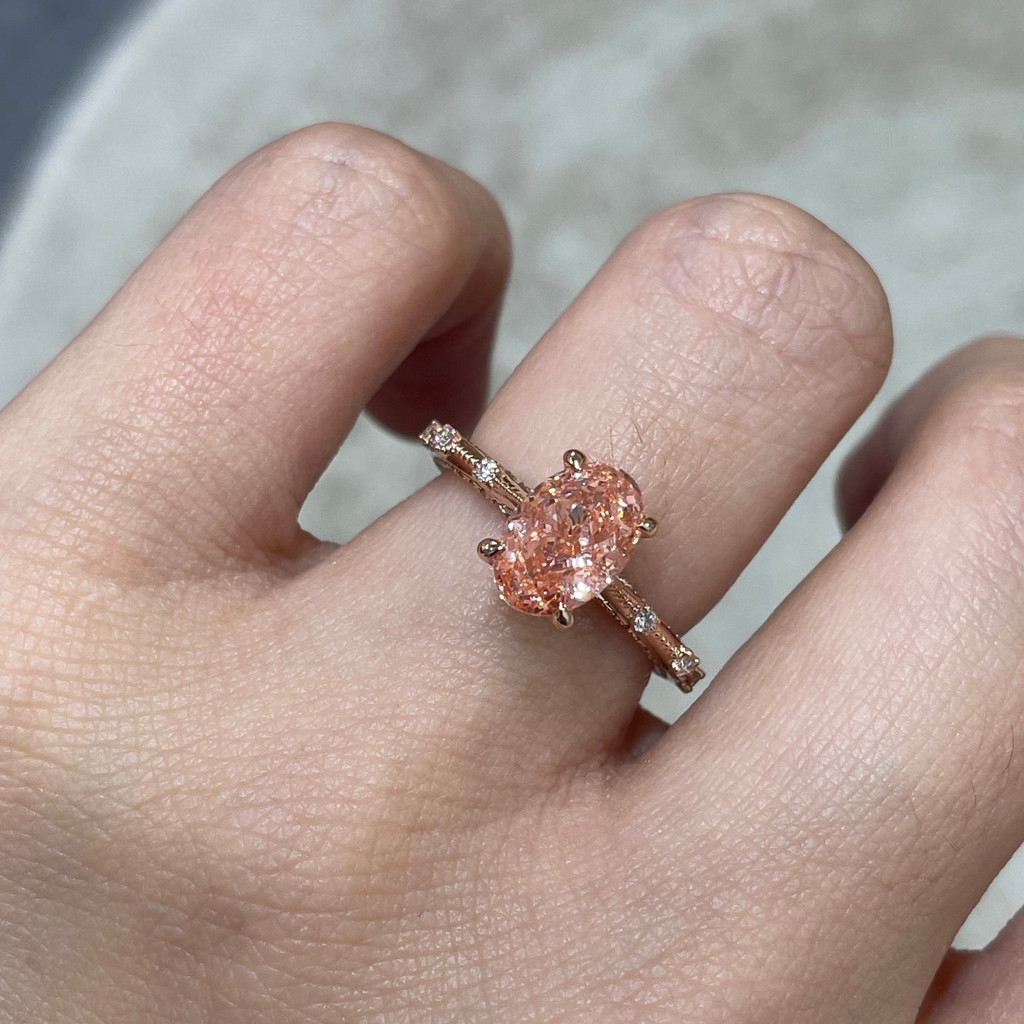 IGI Lab pink diamond oval shape 2ct milgrain under paved ring