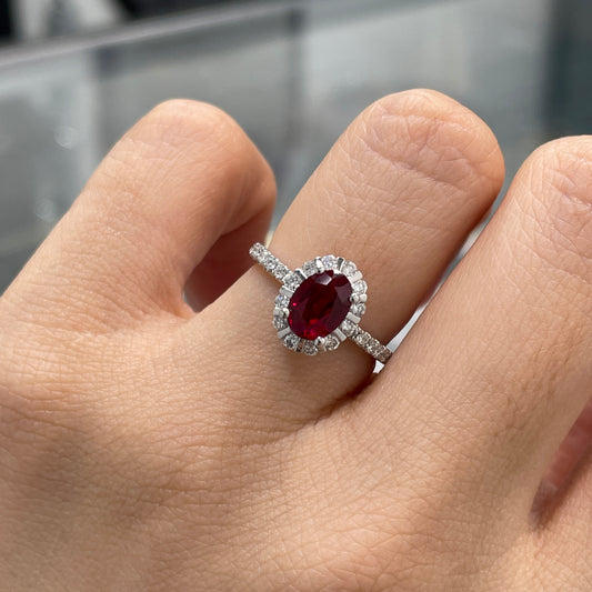Lab Ruby Oval shape 1.5ct two way halo pave ring