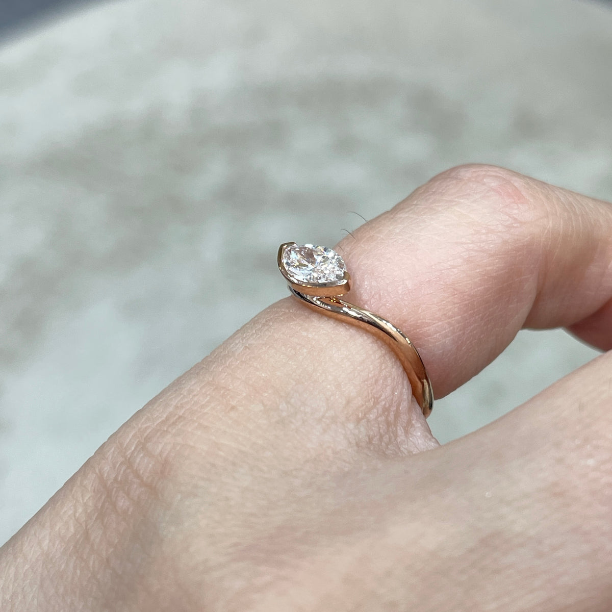 9k Lab diamond Marquise shape 0.5ct half bezel wavy pinky ring